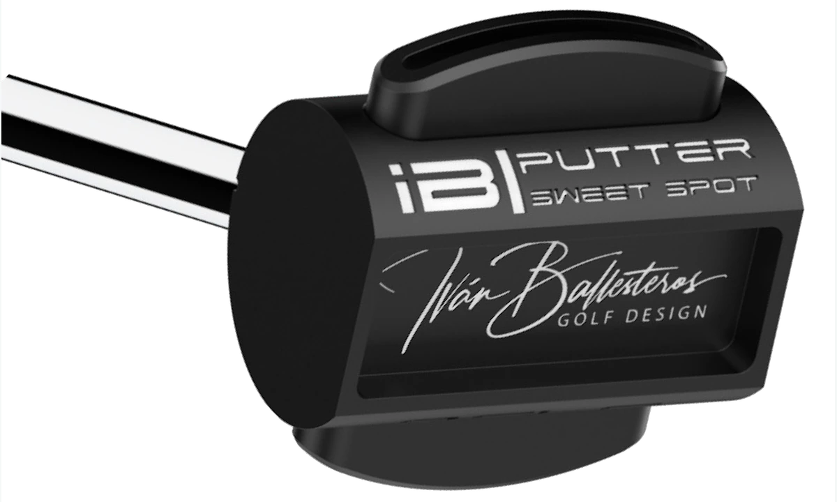 Close-up of an iBPUTTER Sweet Spot putter head showing its centred shaft and cylindrical alignment feature