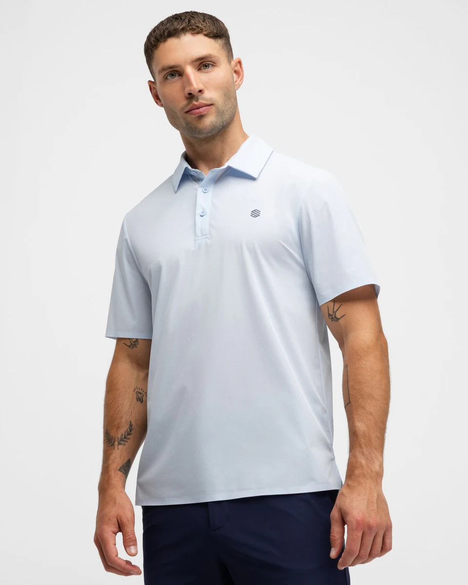 Model wearing a light-blue Siroko Birkdale performance golf polo